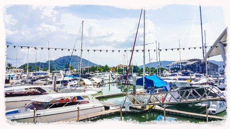 watercolor digital painting effect of sailing boat yechts at marinaの写真素材