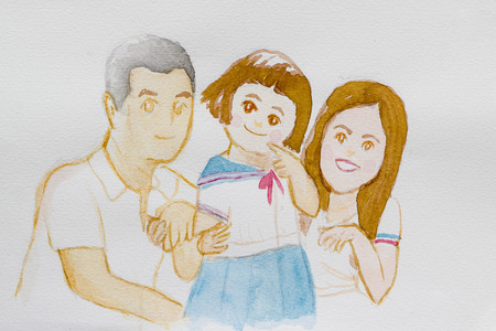 watercolor of happy family cartoon charactorの写真素材