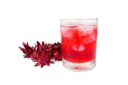 roselle juice (healthy drink) in glass with ice isolated on white backgroundの写真素材