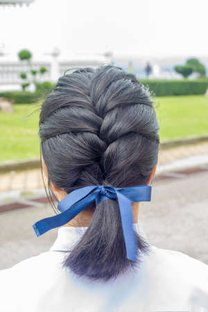 braid or pigtails hair style of girl with blue ribbon