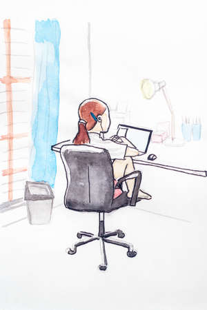 watercolor painting of girl online studying due to Coronavirus. Distance learning online educationの写真素材