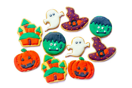 cute Halloween royal icing cookies or sugar cookies isolated on white backgroundの写真素材