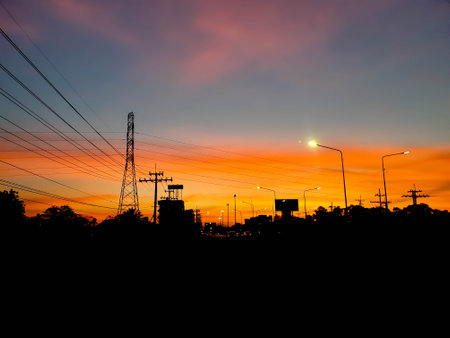 abstract blur bokeh of night light city road at sunsetの写真素材