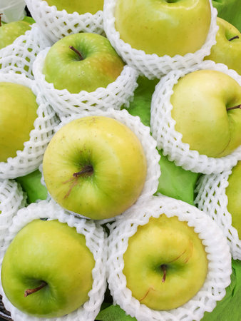 fresh green apples wrapped in net foam, green apples in white mesh protective foams packagingの写真素材