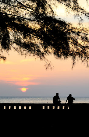 friends sitting together on the beach drinking and watching sunset- concept of friendshipの写真素材