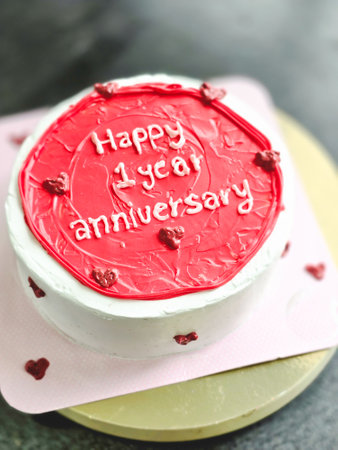 anniversary cake with red hearts creamの写真素材