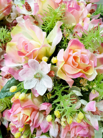 colorful artificial flower bouquet in flower shopの写真素材