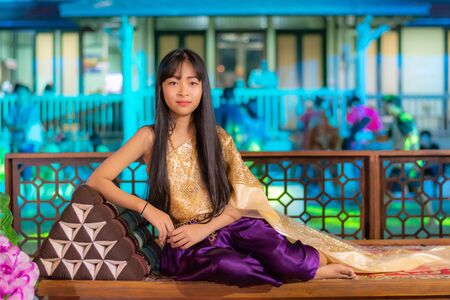 Feb 16, 2019, Girl wearing Thai national costumes, In the annual event, Lop Buri, Thailandの写真素材