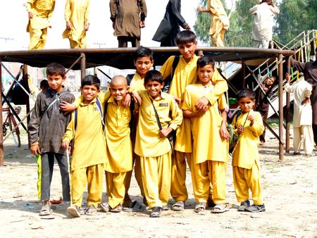 PUNJAB, PAKISTAN - OCTOBER 16: A group of village school students gather for photograph during their break time October 16, 2009 in Punjab, Pakistan. のeditorial素材
