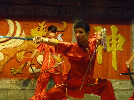 DUBAI, UAE - JANUARY 21: Chinese Martial Artist's contemporary Performance at annual Dubai Global Village Shopping Festival January 21, 2010 in Dubai, United Arab Emirates.のeditorial素材