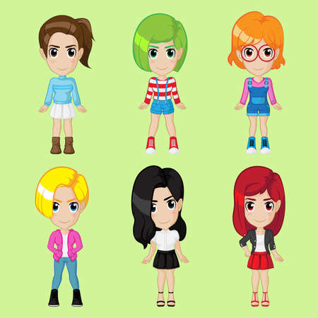 set of vector cute women character in different profession, outfit, hair style on green background.のイラスト素材
