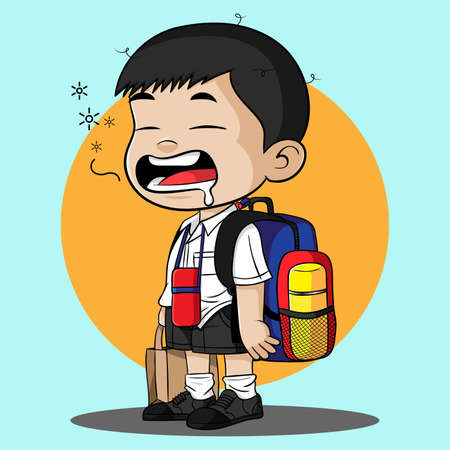 Sleepy little boy  back pack holding stationery first day at school.のイラスト素材