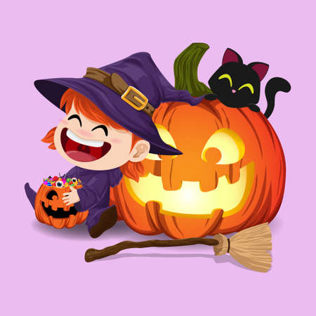 Cute witch girl and black cat rest in front of Halloween pumpkin with full of candy in pumpkin bucket isolated on purple background.のイラスト素材