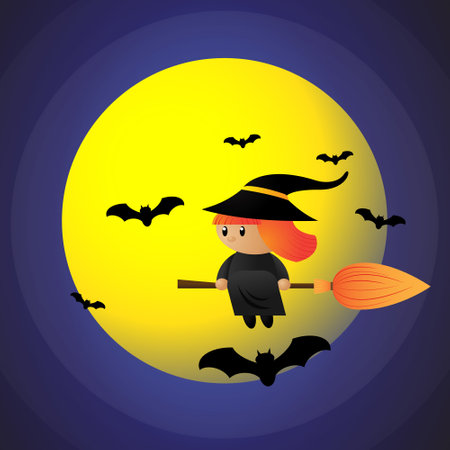 Cute little red hair witch in black dress and black top hat.Riding broom in front of the moon.Surrounded by many batsのイラスト素材