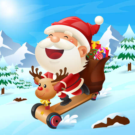 cute santa clause riding on reindeer scooter with alot of gift in big bag in christmas snow scene.merry chrismas.happy chrismas. winter landscape.のイラスト素材