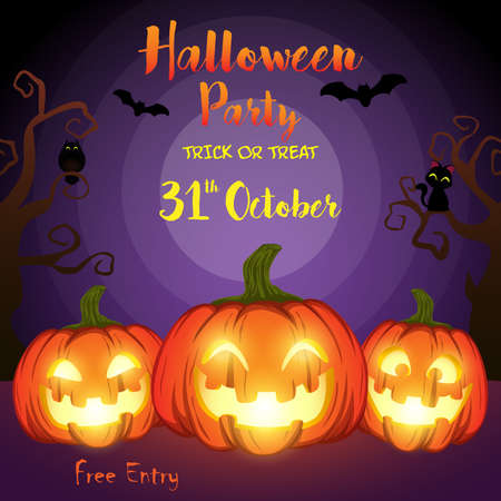 Halloween Party vector illustration with funny pumpkins on dark purple background. Holiday party invitation posterのイラスト素材