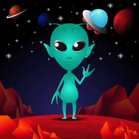 Vector cute green alian and ufo say hi on red planet.Space background.のイラスト素材