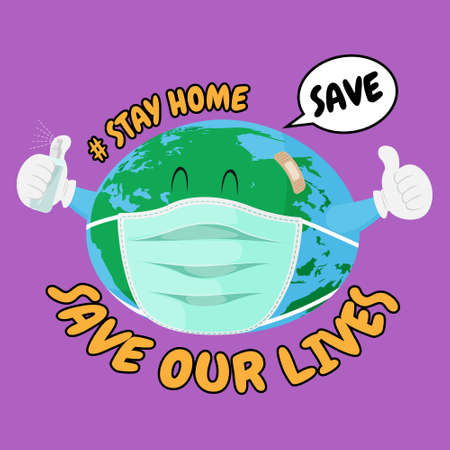 Stay home Save our lives, Planet earth with face mask and spray bottle.