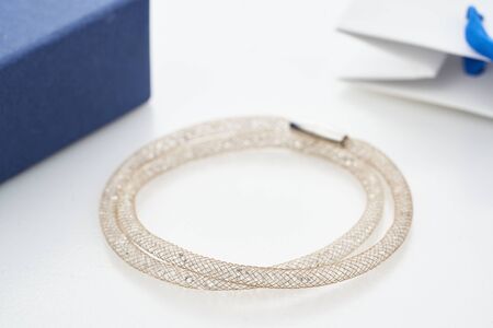 Close up shot of beautiful bracelets with crystals isolated on white. Magnet closure. Women Accessories.の写真素材