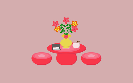 Table and chairs are red with vases and flowers.のイラスト素材