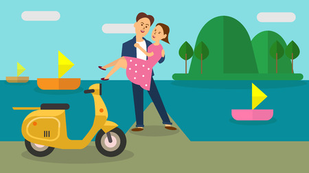 Couples take a vacation at the sea on vacation.のイラスト素材
