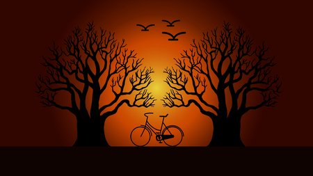 Two trees with a bike with beautiful nature. Vector illustrationsのイラスト素材