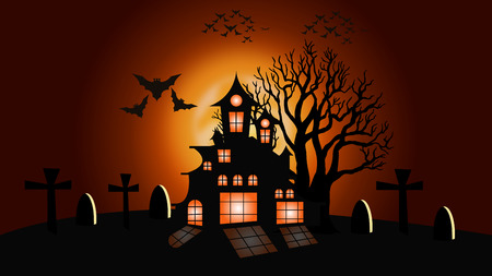 Halloween dark castle on a yellow moon and tree background, vector illustrationのイラスト素材