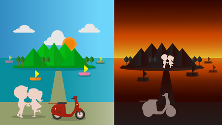 There are men and women at the beach getting married. morning and night atmosphere Vector illustrationsのイラスト素材