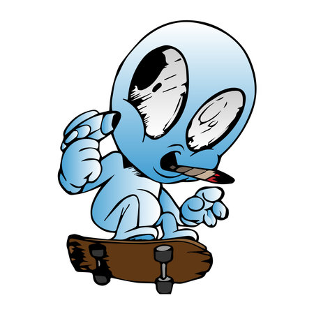 Alien summer evening Play skateboard, wear blue clothes.のイラスト素材