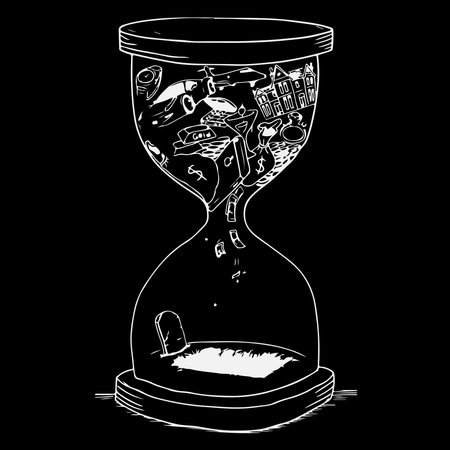 hourglass set Black and white hand drawn sketch vector illustration isolated on white background, hourglass carved glass vector illustration.のイラスト素材