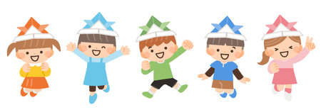 illustration material of cheerful children wearing paper craft helmetsのイラスト素材