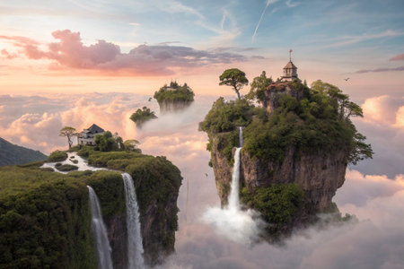 Tropical landscape with waterfall, pagoda and pagoda at sunsetの素材