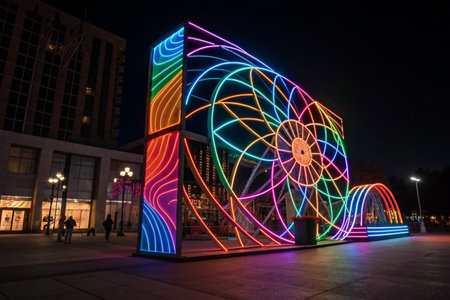 Illuminated building at Expo, universal exposition on the theme of food in Milan.の素材