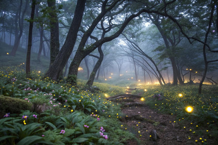 Morning fog in the forest with flowers and green grass,Thailandの素材