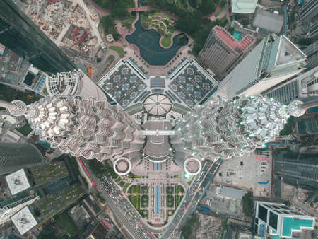 "Kuala Lumpur,Malaysia- Circa August, 2020: Top down picture at the highest of Kuala Lumpur Twin Tower using drone. The highest tower in South East Asia."のeditorial素材