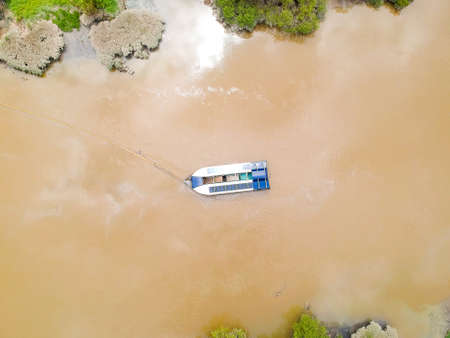 Klang, Malaysia- Circa September, 2020: Aerial photo one unit of The Ocean Cleanup interceptor for...