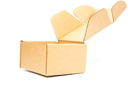 A picture of top open empty corrugated single layer box used to packing small item on isolated white...