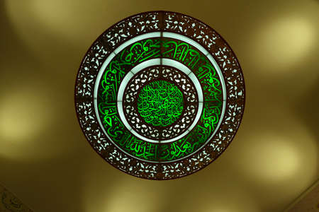 "Pangkor, Malaysia- Circa September, 2020:  Low angle picture of chandelier with noise effect of Masjid Al-Khairiah or 1000 Doa chandelierwith Islamic calligraphy insight."のeditorial素材