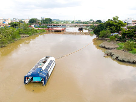 One of two units of The Ocean Cleanup interceptor for rubbish extraction at Klang River. Dutch innovation in extract plastic pollution into the ocean.のeditorial素材