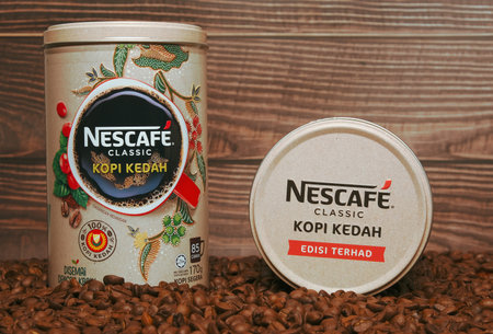 Limited edition Nescafe Classic Kopi Kedah canister on coffee beanのeditorial素材