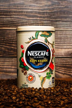 Limited edition Nescafe Classic Kopi Kedah canister on coffee beanのeditorial素材