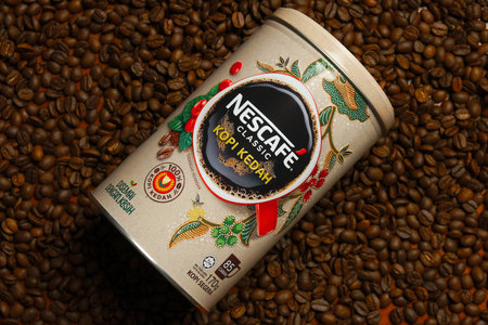 Limited edition Nescafe Classic Kopi Kedah canister on coffee beanのeditorial素材