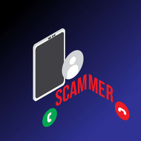 A left and right isometric vector of scammer phone call on dark backgroundのイラスト素材
