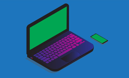 An isometric of laptop and smartphone with green chroma key on blue backgroundのイラスト素材