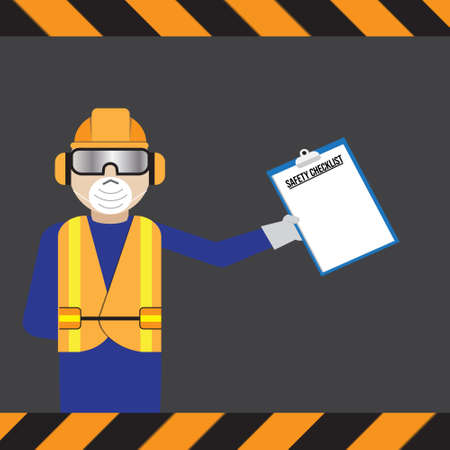A vector of men wearing personal protective equipment at factory with SAFETY CHECKLIST on board.