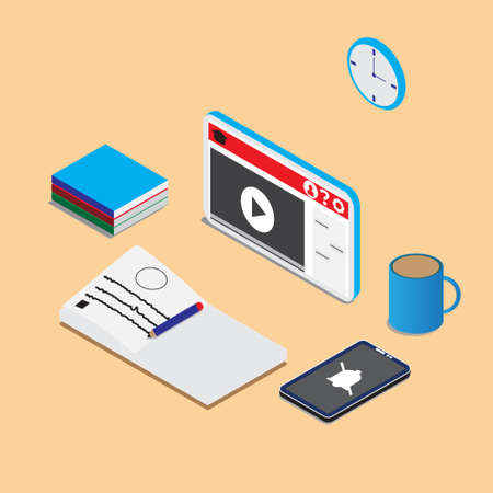 An isometric vector of online education for university student during Covid-19.のイラスト素材