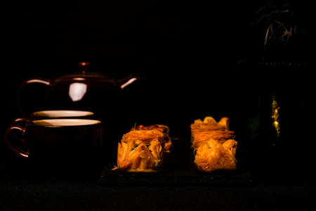 Traditional eastern pastry on a black background, close-upの写真素材