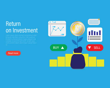 A vector of Bitcoin return on investment concept with business graph, buy and sell tab. Trading bitcoin is starting giving high return to investor.のイラスト素材
