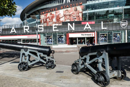 A picture exterior of Emirates Stadium during tour in the afternoon with old cannon insight....