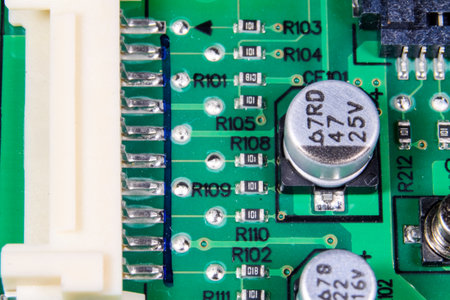A noise effect picture of printing circuit board with chip resistor and microchip of an electronic...